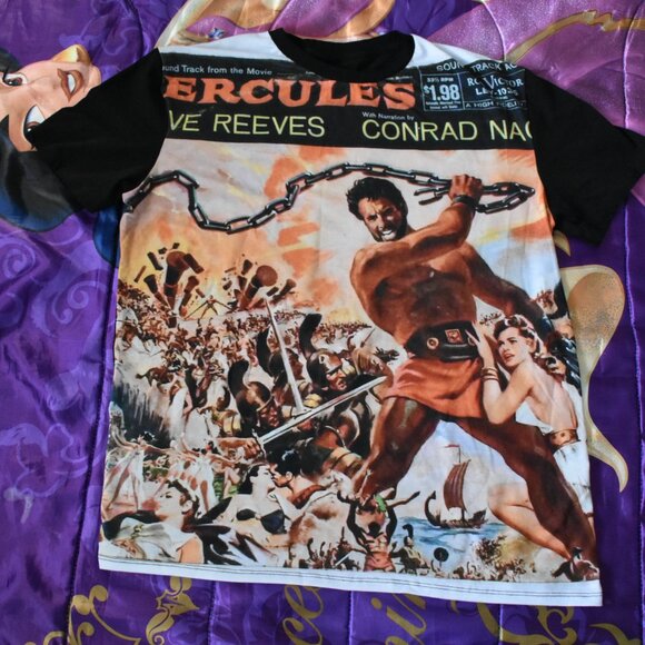 VINTAGE HERCULES MOVIE POSTER ART MALE BODYBUILDER ACTOR STEVE REEVES T-SHIRT L - Picture 3 of 9